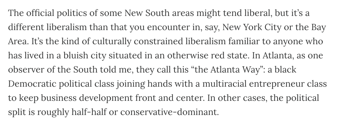 The politics of the New South: the archipelago of rejuvenated urban cores like Atlanta, Charleston, and Nashville and suburban agglomerations like the Research Triangle of NC, joining perma-boom areas like Dallas. For my latest Compact S*b*t*ack. substackfwd.xyz/?url=https://c…