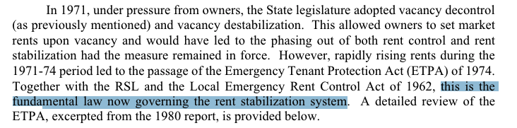 Today is the 50th Anniversary of the signing of the Emergency Tenant Protection Act (ETPA)! 

Good excuse as any to dig into Tim Collins' intro to the Rent Guidelines Board and Rent Stabilization System: rentguidelinesboard.cityofnewyork.us/wp-content/upl…

Here's a nugget: