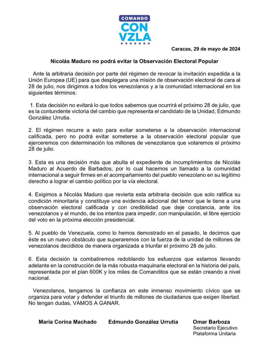 Nicolás Maduro no podrá evitar la Observación Electoral Popular.