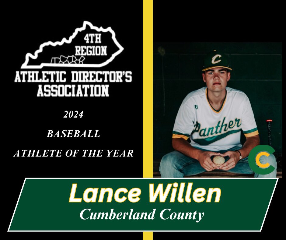 4th Region Athletic Directors Association (@4thregionads) on Twitter photo Time to roll out some of our Spring Athletes of the Year!
The <a href="/4thRegionADs/">4th Region Athletic Directors Association</a> Baseball Athlete of the Year goes to Lance Willlen of <a href="/cumbcosports/">Cumberland Co. HS (KY)</a> . Congratulations on a great season Lance and good luck in your future endeavors! Time to roll out some of our Spring Athletes of the Year!
The <a href="/4thRegionADs/">4th Region Athletic Directors Association</a> Baseball Athlete of the Year goes to Lance Willlen of <a href="/cumbcosports/">Cumberland Co. HS (KY)</a> . Congratulations on a great season Lance and good luck in your future endeavors!