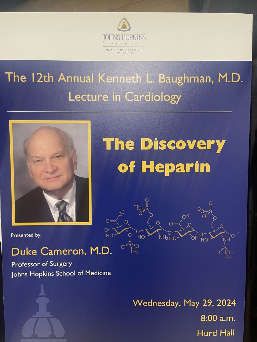 cingolani_oscar's tweet photo. We are honored to have Dr. Duke Cameron delivering the 12th annual Kenneth L. Baughman Lecture in Cardiology. The discovery of Heparin at Johns Hopkins. @JohnsHopkins. @hopkinsheart https://t.co/72nTzkiVUJ