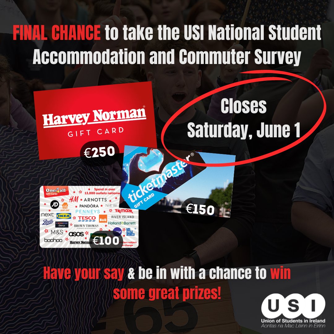 LAST CHANCE to take the @TheUSI National Student Accommodation and Commuter Survey❗️❗️❗️ Take the survey, have your voice heard & be in with a chance to win great prizes 👉 research.usi.ie/index.php/5494…