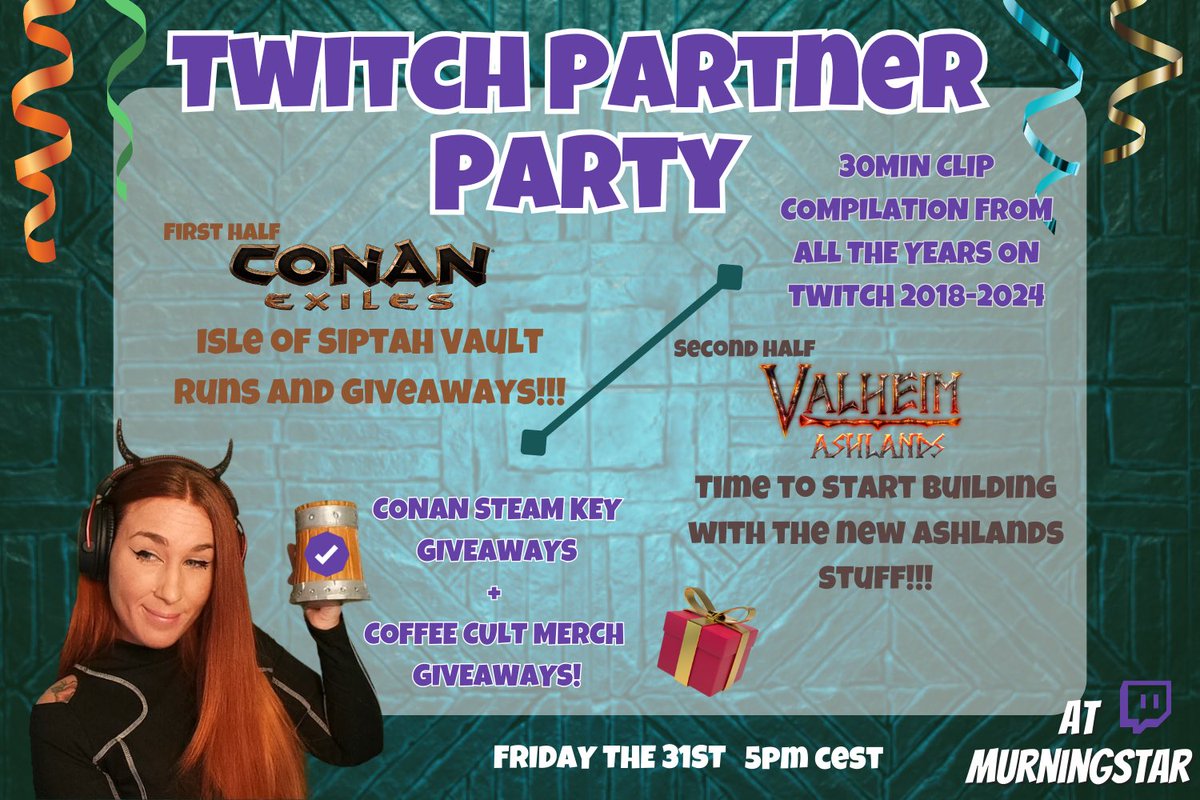 💜Twitch Partner celebration happening now on Friday!!! Hope to see you all there! 💜 @ConanExiles @Valheimgame