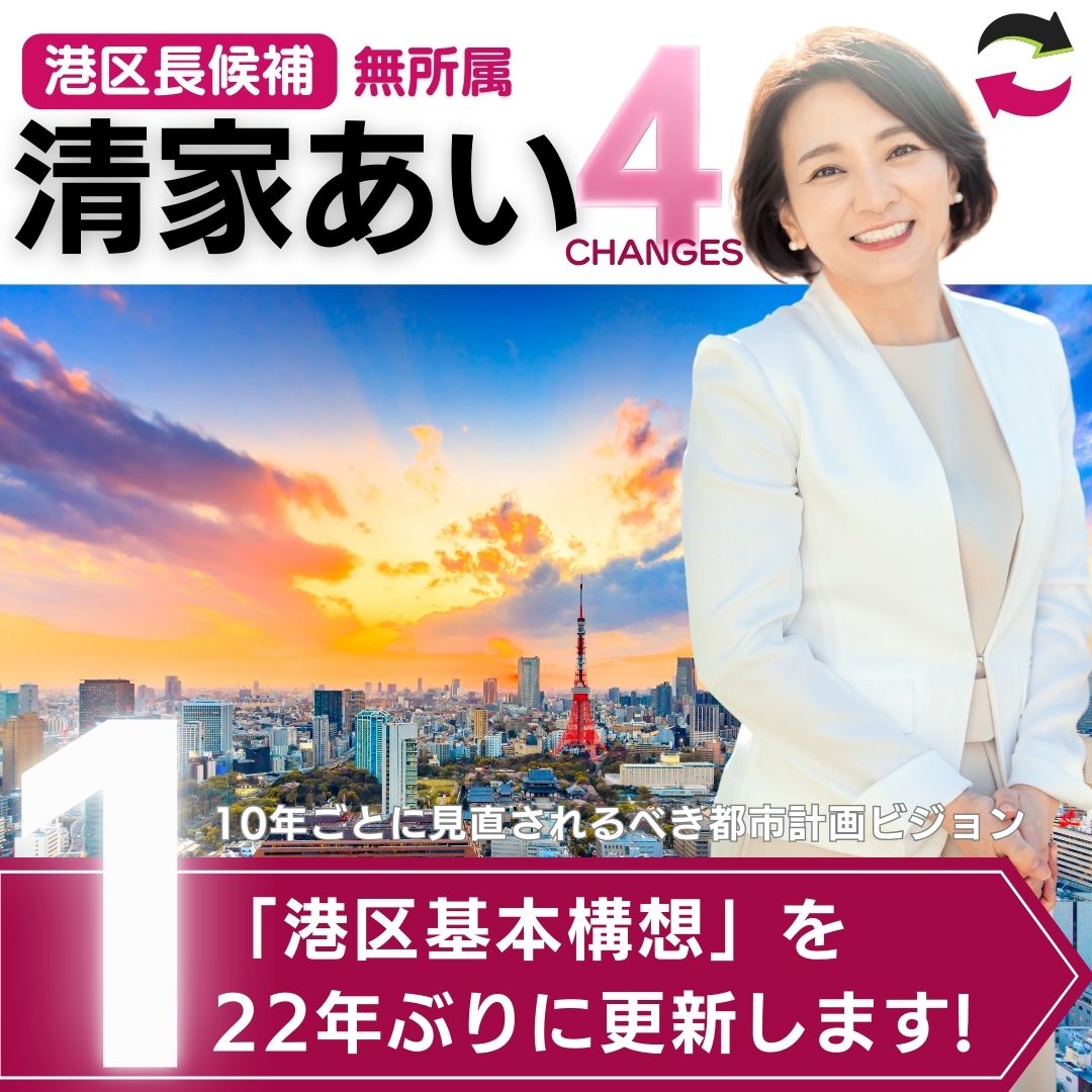 【港区長候補・清家あい❤️‍🔥4つのチェンジ】港区長候補・清家あいが、港区長になったら「変えていきたい❕」と思っている4つの課題をお話しします。

📣チェンジ①＜新しいまちづくり＞
10年ごとに見直されるはずの都市経営ビジョン「港区基本構想」は、この22年間、実は一度も更新されていないんです。