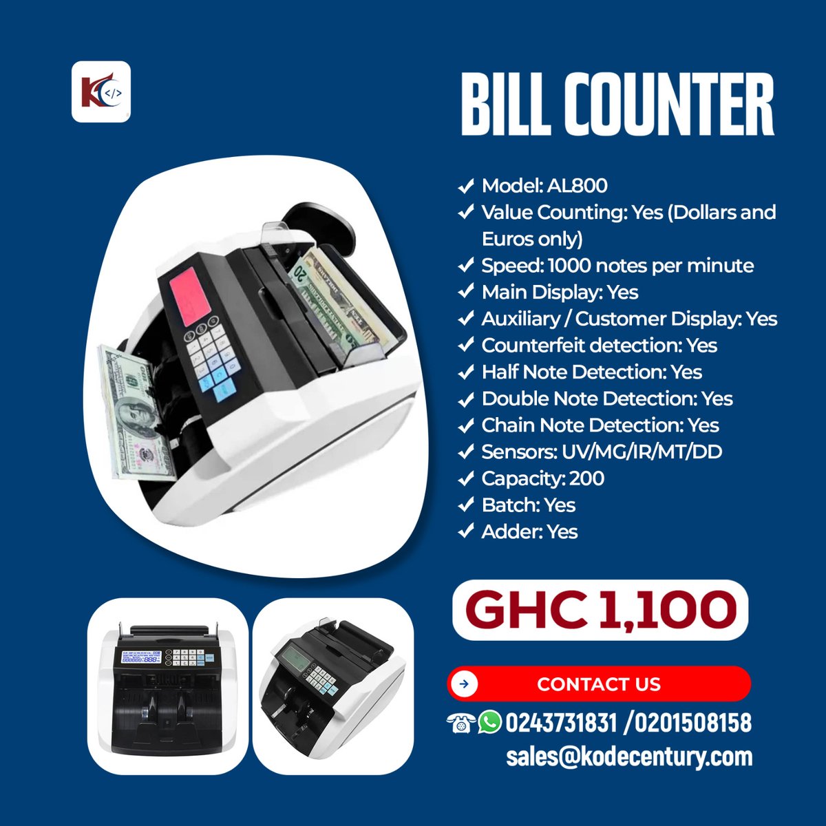 kodecentury's tweet image. Counting bank notes can be a lot easier!

#KodeCentury #cash #billcounter #cashcounter #smallbusiness #trendingnow #GhanaNews #ghana #pharmacy #restaurant #hotel #coffeeshop #mall #supermarket #wholesale #distributor #retail #bank #SavingsandLoans