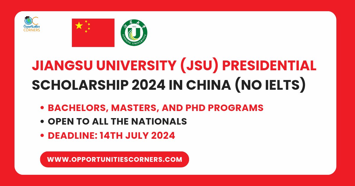 Jiangsu University (JSU) Presidential Scholarship 2024 in China 🇨🇳 (No IELTS)

Bachelor, Master, and PhD degree programs. 

The scholarship will cover Tuition Fees, Accommodation, and Monthly Stipend.

Visit: opportunitiescorners.com/jiangsu-univer…

#OpportunitiesCorners