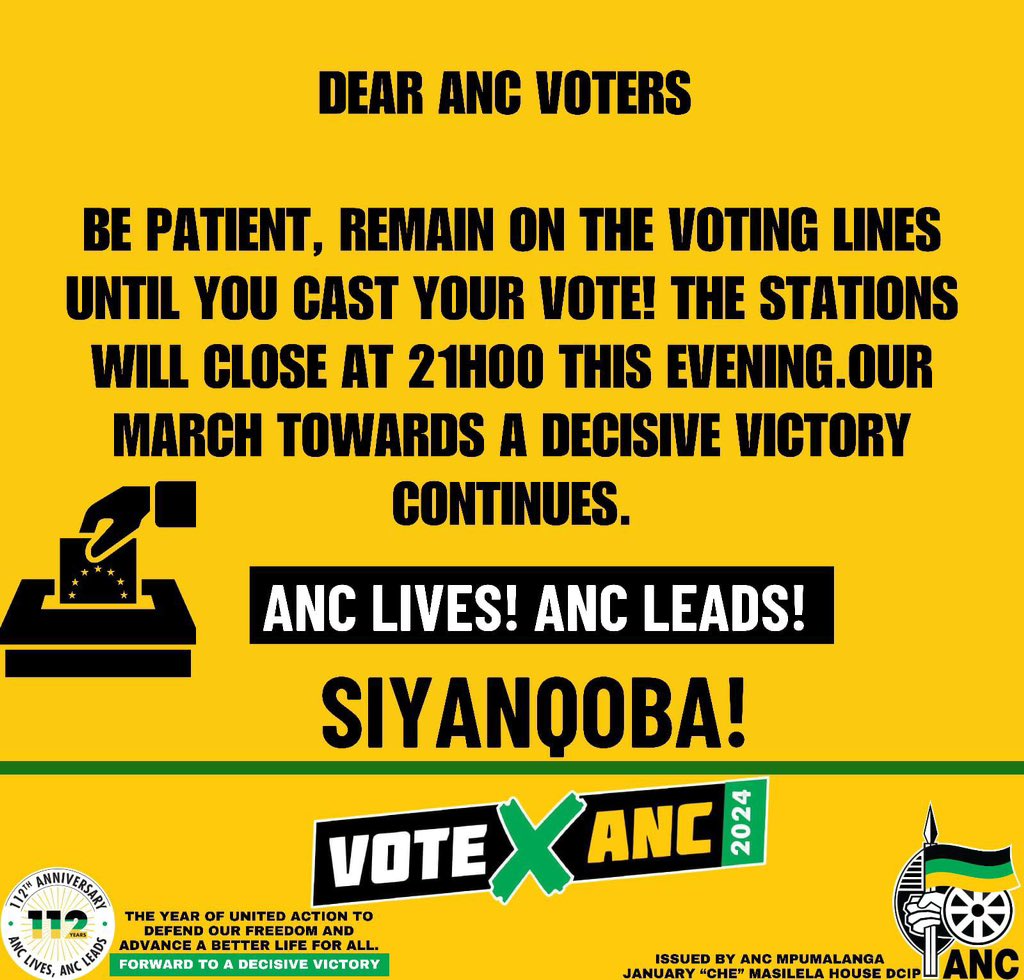 1 HOUR LEFT

The IEC is experiencing a late surge, if you are still in the queue at 9pm, remain in the queue, you will be given a chance to Vote. 

If you have not voted, please use this hour to vote ANC.

#IamVotingANC
#LeadUsRamaphosa
🖤💚💛