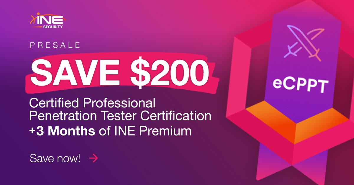 Limited time offer! Now until June 17, save $200 on the updated eCPPT Certification -  you'll learn Pentesting methodologies, vulnerability assessment, advanced exploitation techniques, and more! 

Save now: bit.ly/3VdVCAg

#pentesting #redteam #cybersecurity