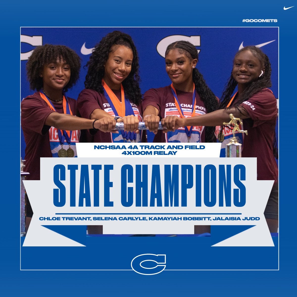 Congratulations goes out again to our 4x100M women’s relay team who were crowned state champions at the <a href="/NCHSAA/">NCHSAA</a> state championships!  We are proud of you all!

💍💍💍💍

#GoComets

📸: <a href="/LeoDusablon6/">Leo Du Sablon</a>