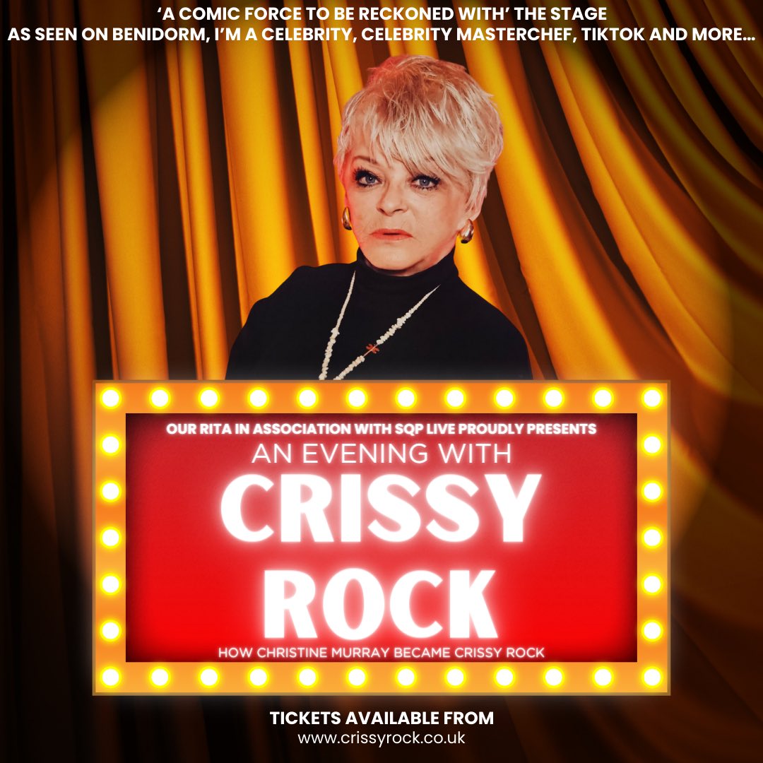 My brand new tour show ‘An Evening With Crissy Rock - How Christine Murray Became Crissy Rock’ is coming to a venue near you in November! 

Tickets are available from Friday 31st May at 10am via my website crissyrock.co.uk x