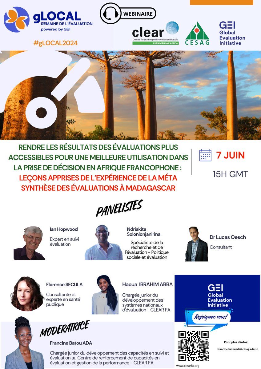 🌍 Rendre les résultats des évaluations plus accessibles en #AfriqueFrancophone 🌍
Rejoignez notre panel pour découvrir comment la #MétaÉvaluation améliore les pratiques et l'impact des interventions de #Développement.
Inscrivez-vous ici 👉 zoom.us/webinar/regist…

   #Impact🌱📊