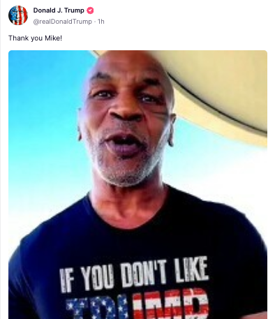 DJT just gave a shout out to Mike Tyson.

Mike Tyson was arrested, convicted and imprisoned for r*pe.

The GOP nominee for President can't stop celebrating convicted r*pists.

Not great.