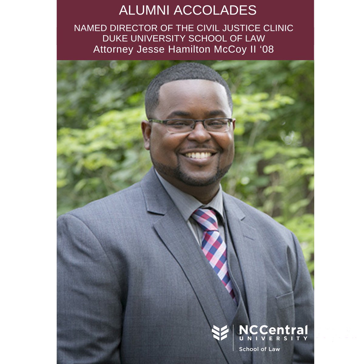 Congrats #NCCULaw alumnus and Clinical Professor of Law at #DukeLaw, Jesse Hamilton McCoy II ‘08. McCoy was named director of the Civil Justice Clinic at #DukeLaw. Former attorney for Legal Aid, McCoy served as supervising attorney since joining in 2017. bit.ly/4aLFsCB