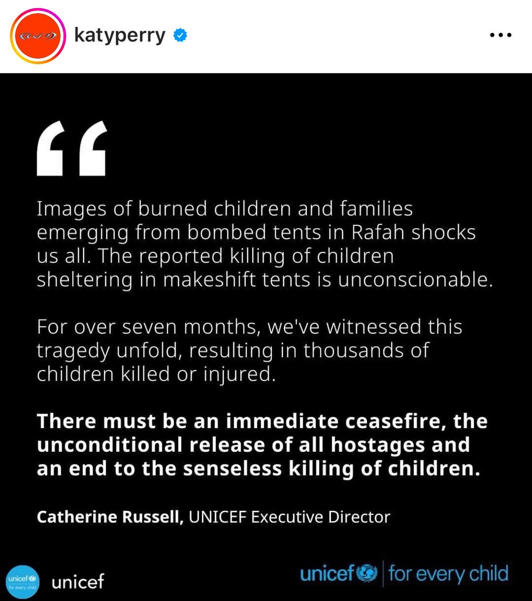 Sempre consciente, Katy Perry presta solidariedade ao povo palestino e pede cessar-fogo em Gaza em parceria com a UNICEF.

“Um cerco militar e uma incursão terrestre em Rafah, Gaza, representam um risco catastrófico para as crianças que estão ali abrigadas.
Muitas das crianças