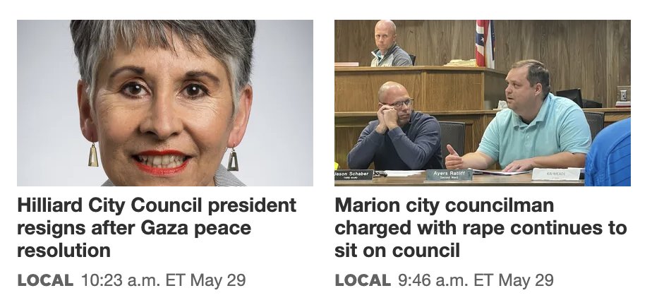How things are going: One Ohio city council member resigned under pressure for her support of a resolution calling for peace in gaza. Another Ohio city council member stays on the job despite being arrested for raping a child last week. dispatch.com