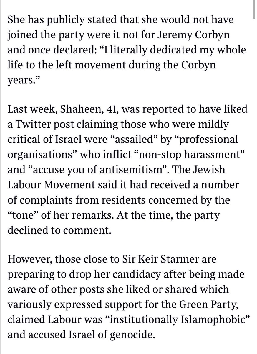 Gabriel_Pogrund's tweet photo. EXCL 🚨 w/@patrickkmaguire 

Labour is poised to suspend left-wing candidate Faiza Shaheen, who is standing against Iain Duncan Smith, in Chingford & Woodford Green

She liked tweet about "hysterical" Israel lobby among other posts deemed problematic

NEC to have final say next week amid claims Starmer's chief aide Sue Gray concerned about backlash after handling of Diane Abbott case
https://t.co/F5AQaJdWvL