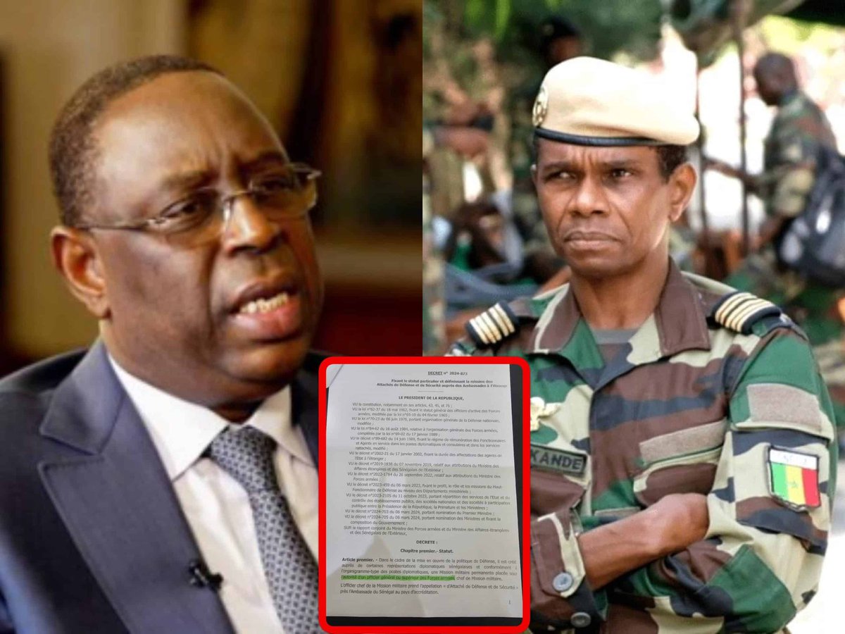 dioufaly76's tweet image. CE DÉCRET DE MACKY SALL MONTRE QU’UN GÉNÉRAL PEUT BIEN ÊTRE NOMMÉ ATTACHÉ MILITAIRE
Pour ceux qui pensent que le poste d'Attaché Militaire est traditionnellement occupé par des Officiers supérieurs (Colonels ou Lieutenant-Colonel etc…
#dirpa #Kebetu #senegal