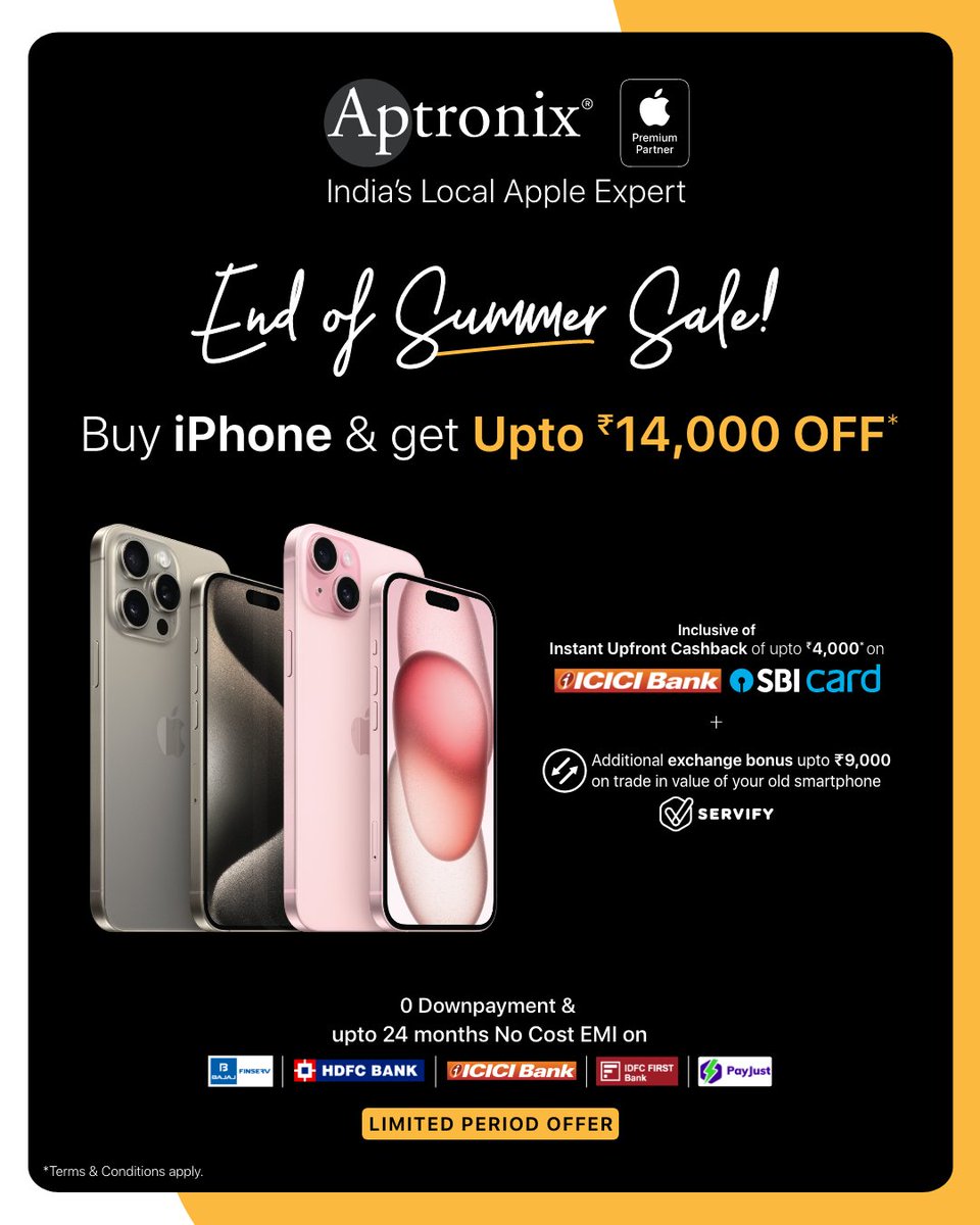 📱Get upto Rs.14,000 OFF* on your favourite iPhone. Starting at
Visit your nearest Aptronix store using the link - aptronixindia.com/store-locator
#Aptronix #Apple #AppleIndia #AptronixIndia #ApplePremiumPartner #iPhone #iPhone15 #iPhone14 #iPhone13 #SwitchToiPhone #EndOfSummerSale