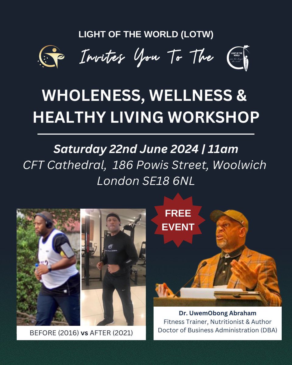 This event will address the root causes of sickness and diseases and reveal the body’s #naturalhealing process.

Register Now: 
bit.ly/cft-health-wel…

#healthyliving #London #cftchurches #ApostleATBWilliams #christfaithtabernacle #churchesinlondon #churchfamily #LOTW