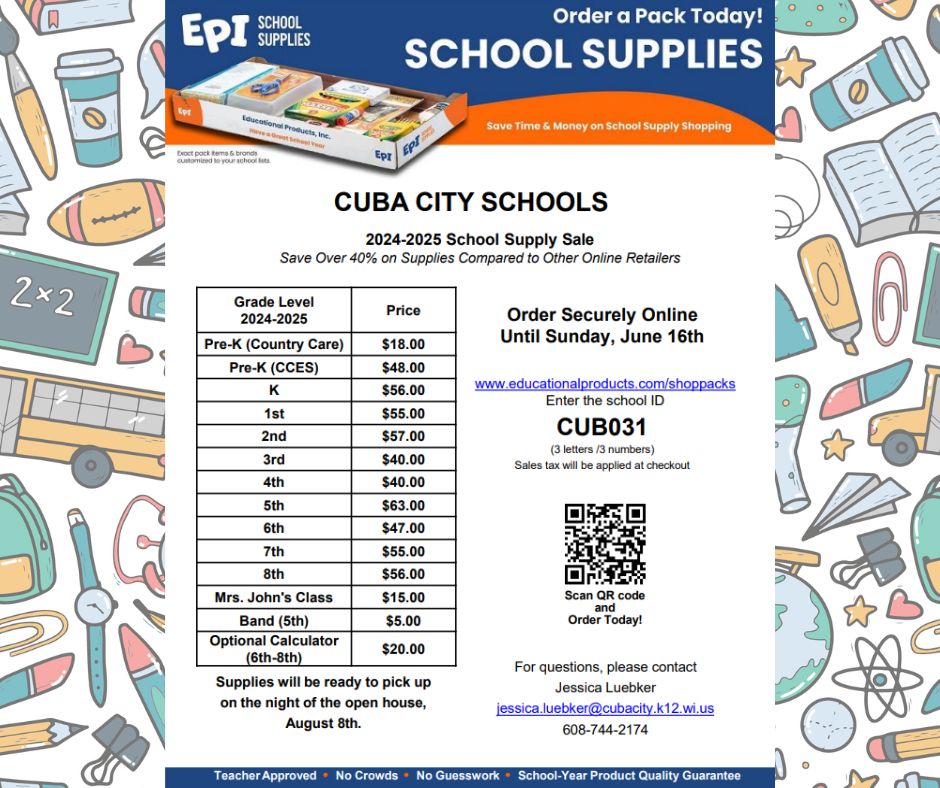 The Cuba City PTO is partnering with EPI (Educational Products Inc.) for our 2024 school supply sale. EPI packs are delivered to the school, and will be on the student's desk at Open House Night on August 8th. SHOP NOW at buff.ly/2IRlH3N enter code CUB031