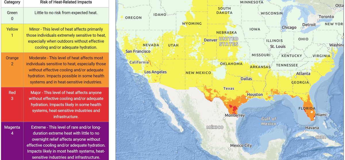 With dangerous and record heat ongoing across southern TX and southern FL, it's critical to know your risk when working, playing, or just being outdoors. Our new HeatRisk map shows you where outdoor activities could put you in danger. wpc.ncep.noaa.gov/heatrisk/