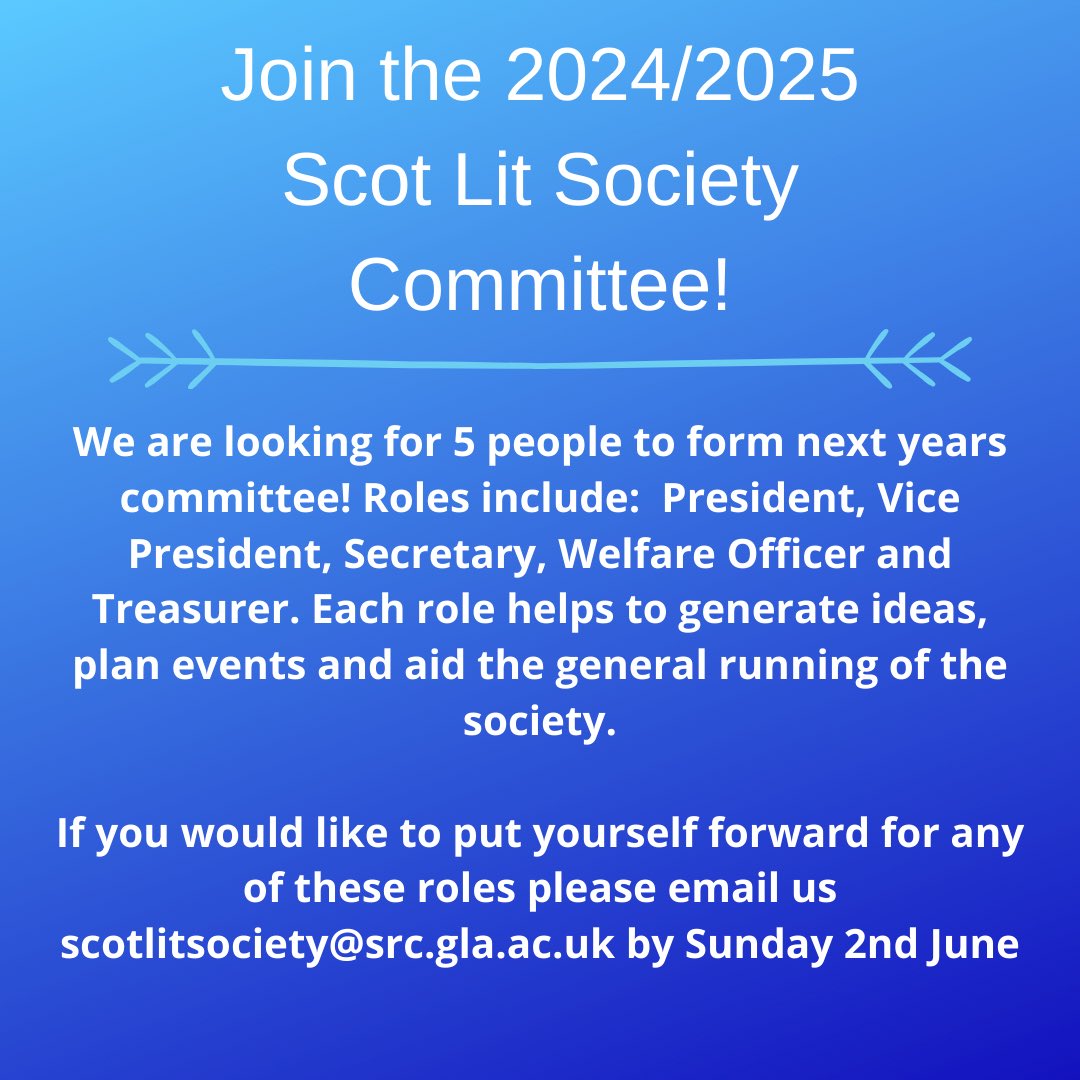 UofG Scottish Literature Society (@scotlitsociety) on Twitter photo A reminder to our members, if you would like to nominate yourself to be on next years committee you must email us by Sunday with your name and what role you are interested in! 🏴💭
Scotlitsociety@src.gla.ac.uk
#uofgscotlitsoc A reminder to our members, if you would like to nominate yourself to be on next years committee you must email us by Sunday with your name and what role you are interested in! 🏴💭
Scotlitsociety@src.gla.ac.uk
#uofgscotlitsoc
