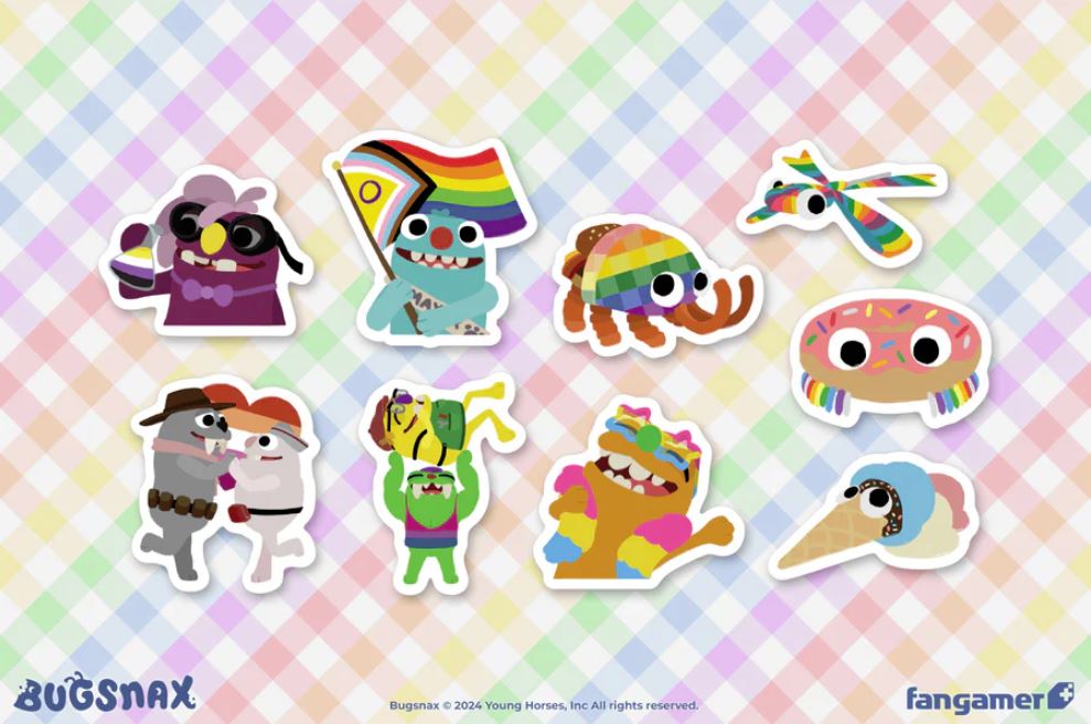 Happy (early) Pride! We made a Bugsnax Pride Sticker Set with <a href="/Fangamer/">Fangamer</a> 

🏳️‍🌈Our profits go to the Black Trans Advocacy Coalition
🤠Perfect for water bottles, laptops, hoarding and never using 
📅Stickers (and donations) will be available beyond June 

fangamer.com/collections/bu…