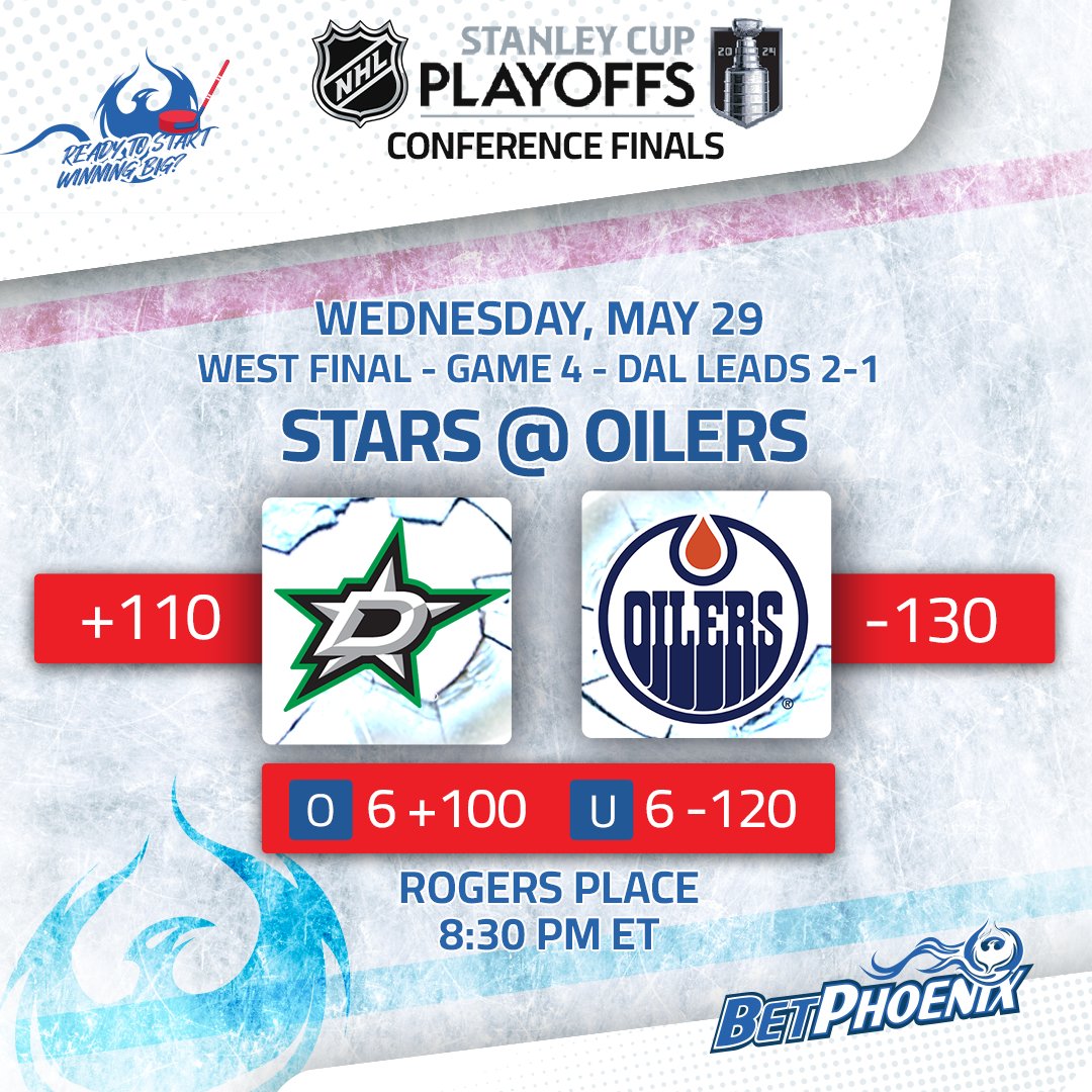 Get on this #StanleyCupPlayoffs Action!🔥 💵Join #BetPhoenix & Get $100, Check📌 🏒 #Stars @ #Oilers 8:30PM ET Dallas #TexasHockey comes to Edmonton #LetsGoOilers with a 2-1 lead in this #NHLPlayoffs Western Final! Get your #NHLBets in!💥 #NHL #NHLHockey #StanleyCup #GamblingX