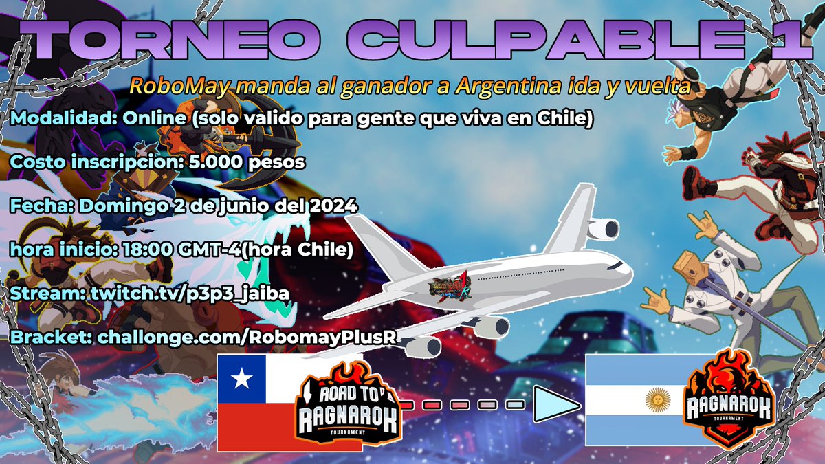 Torneo online de AC+R, el primer lugar ganara un pasaje en avion ida y vuelta de Chile a Argentina para que puedan ir a representar a Chile en el torneo presencial Ragnarok que va a haber el 22 y 23 de Junio en Córdoba, Argentina
Se pueden inscribir aca:
challonge.com/RobomayPlusR