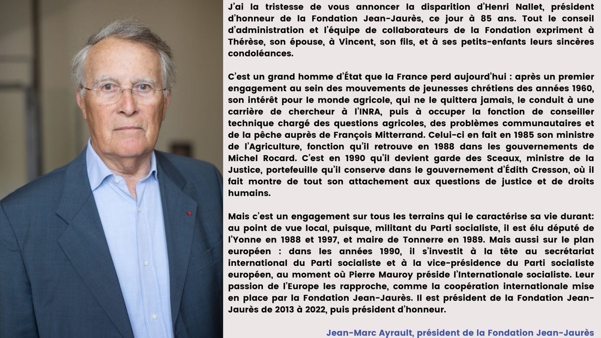 🔴 Henri Nallet, une vie d'engagements : Communiqué de @jeanmarcayrault, président de la Fondation Jean-Jaurès.