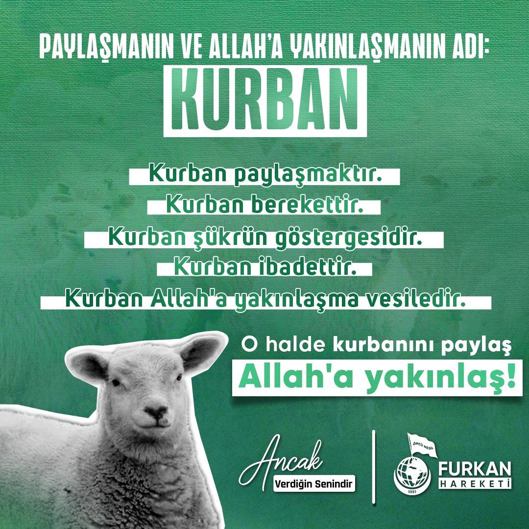 Paylaşmanın ve Allah'a Yakınlaşmanın Adı: KURBAN;

🌱Paylaşmaktır
🌱Berekettir
🌱Şükrün göstergesidir
🌱İbadettir
🌱Allah'a yakınlaşma vesilesidir.

Kurban Teslimiyettir