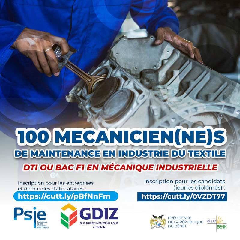 #Benin-#Emploi : 
 
Au profit de la Zone Industrielle de #Glo_Djigbé, le #PSIE recrute 100 diplômés en #Mécanique_Industrielle

visages-du-benin.com/benin-emploi-a…

#Psiebenin,  #emploibenin,  #Insertion, #VisBen, #BAC, #DTI, #Gdiz, #Bac, #wasexo, #diplômes, #Salaire, #Recrutement