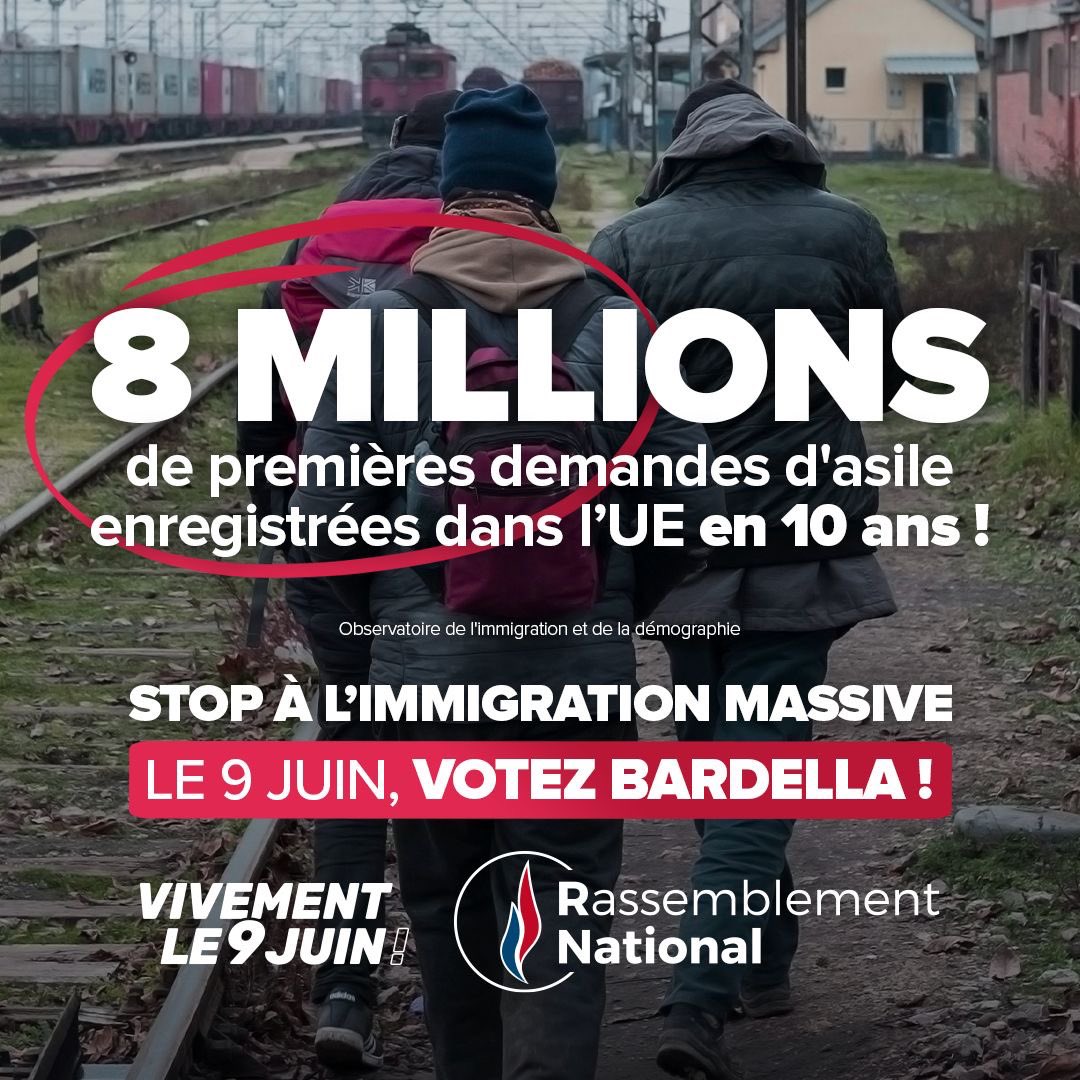 🔵 L'UE a enregistré 8 millions de premières demandes d'asile en 10 ans ! Ce record n'est que la prémisse de ce que nous imposera demain Bruxelles avec son Pacte des migrations, c'est à dire, la submersion migratoire. #VivementLe9Juin pour dire stop à la submersion !