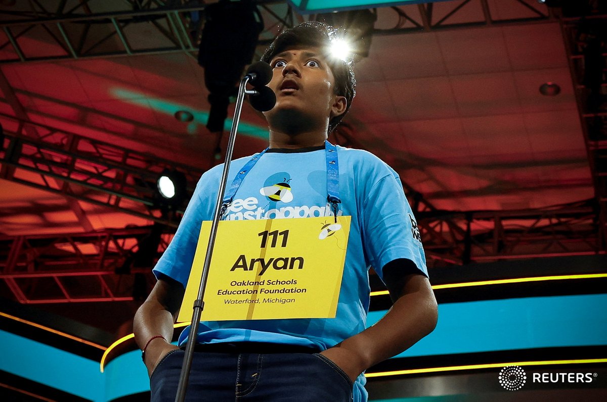 Aryan Khedkar, an 8th grader from Michigan, reacts to spelling his word correctly during the Scripps National Spelling Bee in National Harbor, Maryland. Photo by @evelynpix