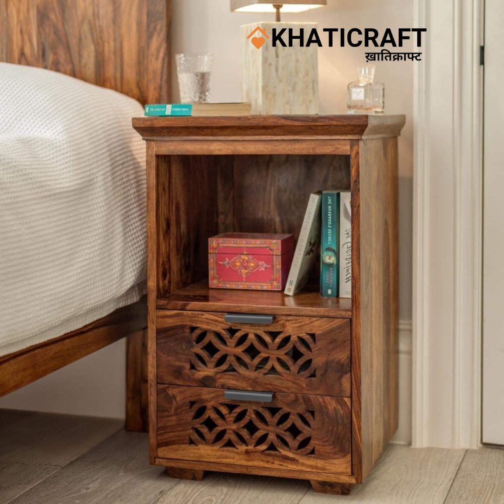 Transform your bedroom into a tranquil retreat with the Mira Sheesham bedside table. This piece perfectly reflects your personality and style. Use coupon code HAPPYHOME to get 10% off. Shop now: zurl.co/5Ek2. 
khaticraft#sheeshamwood