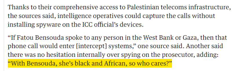 hasanthehun's tweet photo. i can't get this bombshell @guardian @972mag investigative reporting out of my mind. the racism, the direct threats, smear campaign and us sanctions against the ICC prosecutor. but also this obvious attempt to use "complementarity" to retroactively start investigations! https://t.co/H1JtRuYyTq