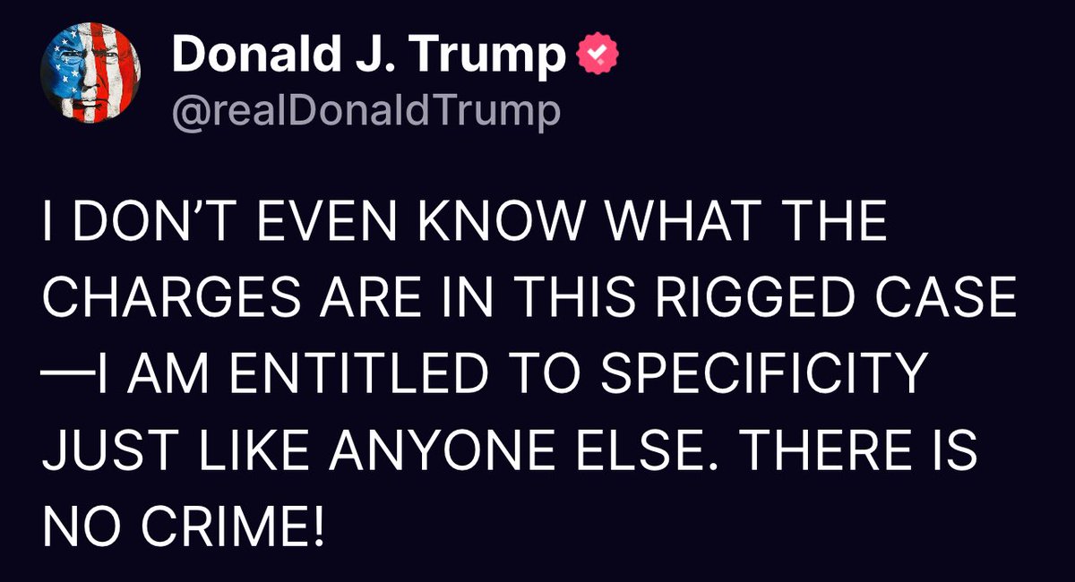 I DON’T EVEN KNOW WHAT THE CHARGES ARE IN THIS RIGGED CASE—I AM ENTITLED TO SPECIFICITY JUST LIKE ANYONE ELSE. THERE IS NO CRIME!

Donald Trump Truth Social 12:24 PM EST 05/29/24