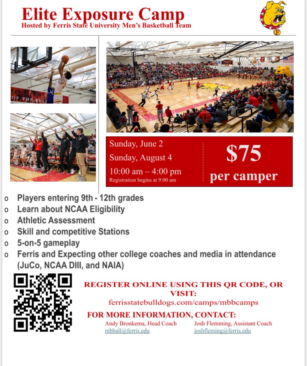 Elite Exposure Camp #1 is going on Sunday! There are still spots available so get registered now! ferrisstatebulldogs.com/camps/mbbcamps