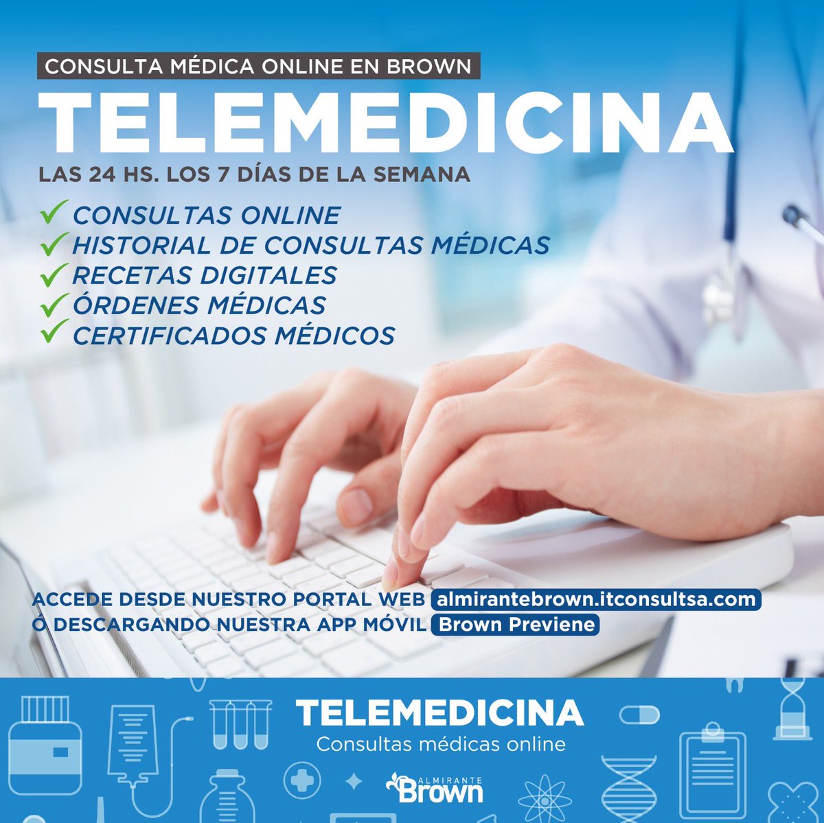 💻👩🏻‍⚕️Pusimos en marcha la Telemedicina para brindar atención de consultas médicas, clínicas y pediátricas de forma online 🏥🩻 👉Para acceder es fácil y rápido, a través de la aplicación “Brown Previene” o mediante la web almirantebrown.gov.ar/telemedicina #BrownConVos