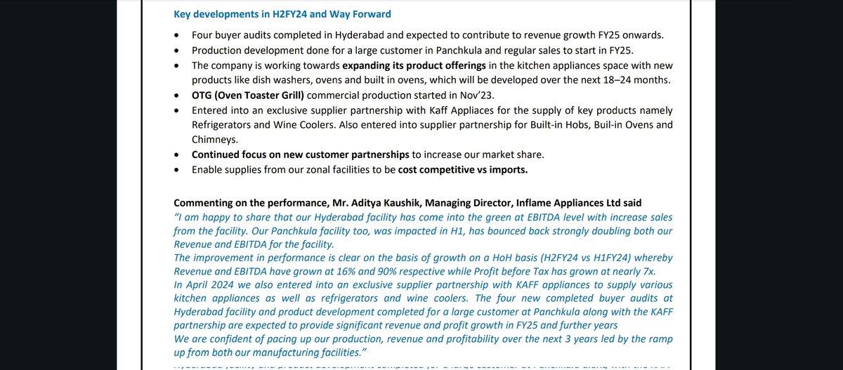 #Inflame appliances 🍲

Ramping up taking more time. 

Imp points
- audits by 4 customer for Hyderabad plant over. Supply to start soon

- Chd. plant will see vol boost due to Kaff & other large customer

- Hyd. Plant ebitda+ve 

Looking at strong growth & profitability in FY25