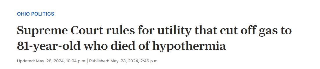 Enbridge Energy having a bad news day -- a Youngstown Chase Bank location it services exploded yesterday. And the Ohio Supreme Court recently ruled in the company's favor after it cut off gas service in Jan. 2022 to an 81-year-old who soon died of hypothermia