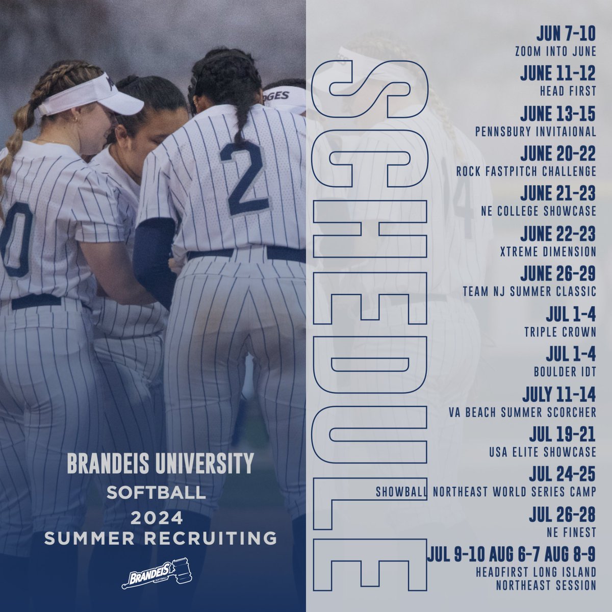 The Brandeis coaching staff is hitting the road this summer to look for future Judges!! Email your schedules to softball@brandeis.edu or tag them ⬇️ #rolldeis 🎲