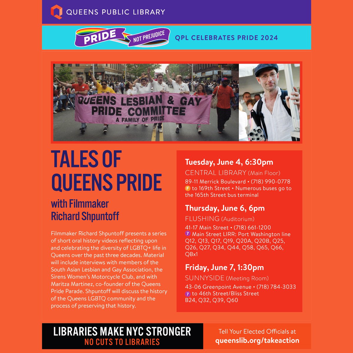 As part of our special #LGBTQ+ Pride Month programs, join us for these screenings & conversations with filmmaker Richard Shpuntoff, starting Saturday, June 1st! queenslibrary.org/calendar/julio… queenslibrary.org/calendar/tales… And stay tuned for more info about QPL's celebration of #PrideMonth!