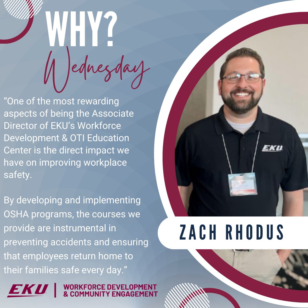 #WhyWednesday 💪
Today, Zach shares his passion for his job!
Discover what drives the dedication and love for what he does every day.
-
#eku #Colonels #GoBigE #communityengagement #workforcedevelopment #EKUOSHA #oshatraininginstitute #PassionForWork #EmployeeSpotlight