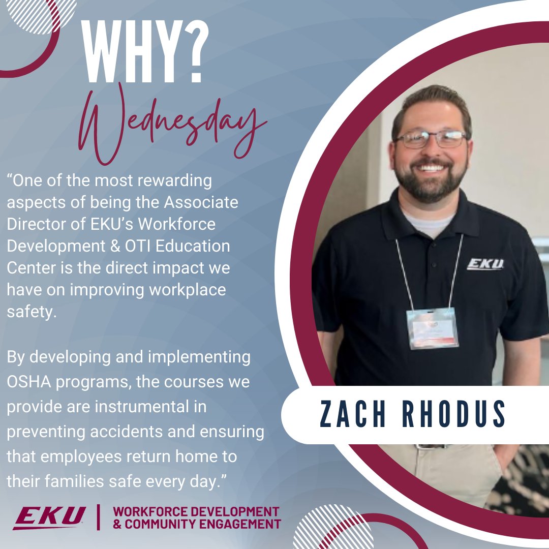 eku_workforce's tweet photo. #WhyWednesday 💪
Today, Zach shares his passion for his job!
Discover what drives the dedication and love for what he does every day.
-
#eku #Colonels #GoBigE #communityengagement #workforcedevelopment #EKUOSHA #oshatraininginstitute #PassionForWork #EmployeeSpotlight https://t.co/DpVuNlDns0