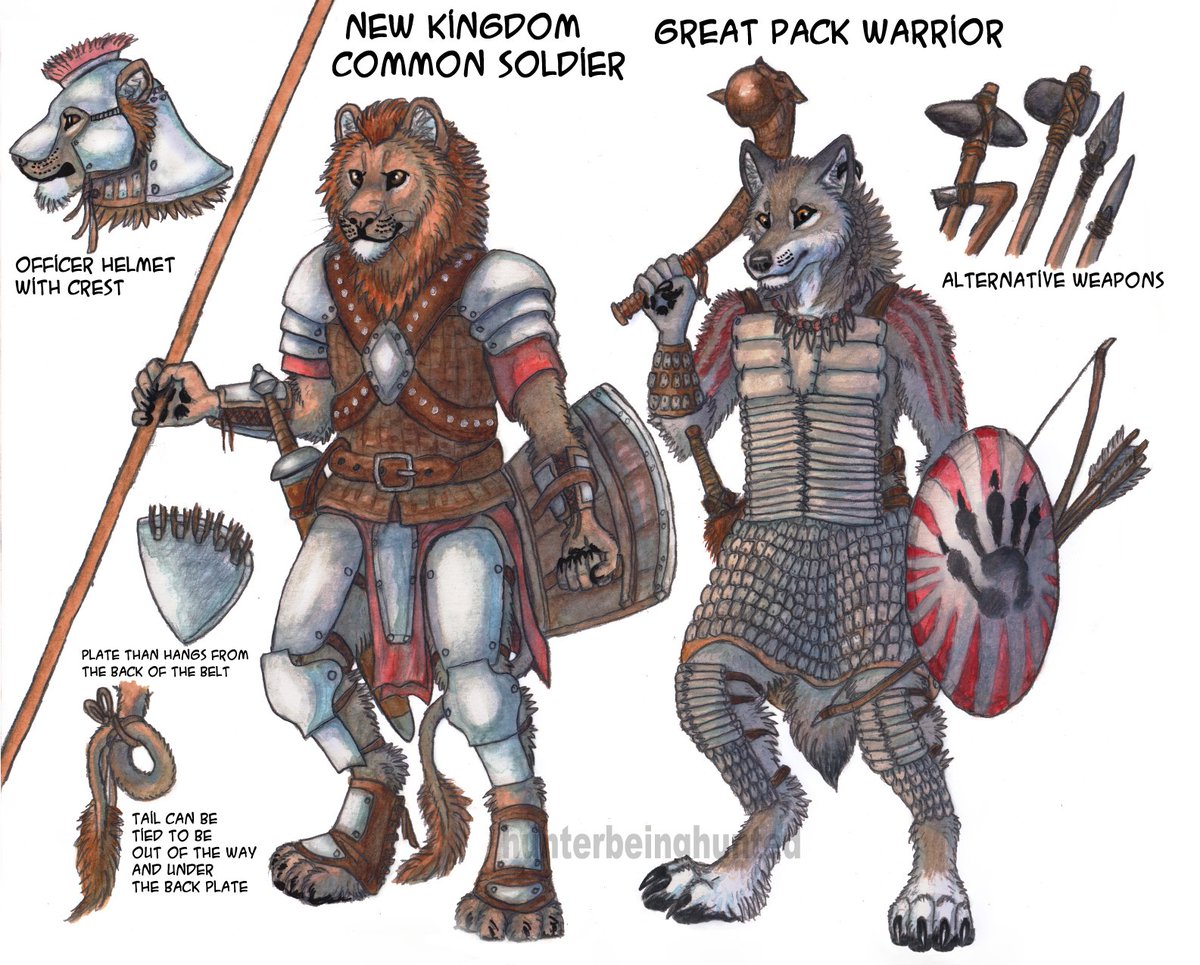 'Leonine and Lupine armor'
Since I started my comic long ago many things in it are outdated. These are updated, but old by now, armor examples which would have been used by some of the soldiers during the attack at the fort in the comic. More lore on FA :P 
#furryart #fantasyart