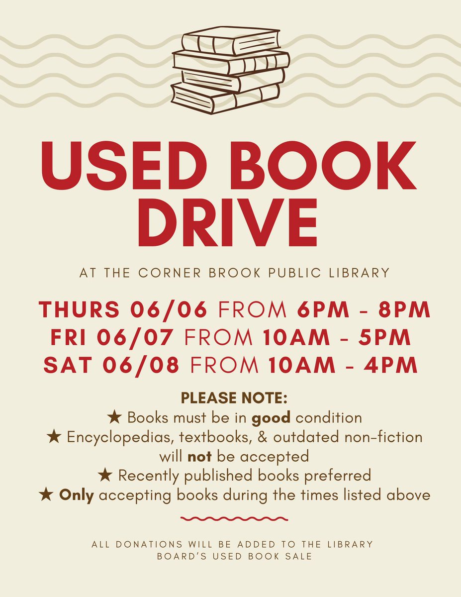 Corner Brook – the Corner Brook Public Library (@NLPubLibraries) is seeking donations of used books for their Spring Book Sale!

This is a great way to share your already-read books with new readers while simultaneously making room to help your TBR list grow...