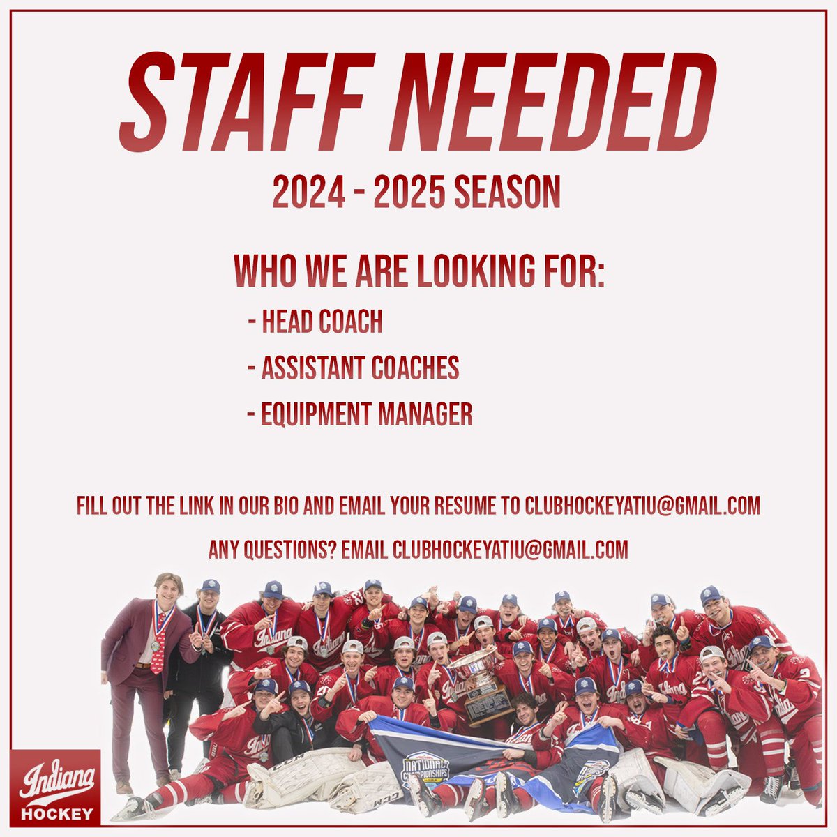 Hockey_IU's tweet photo. Want to work with the reigning National Champions? Fill out the link in our bio and email your resume to clubhockeyatiu@gmail.com or you can DM this account! https://t.co/jkonOIS3Il