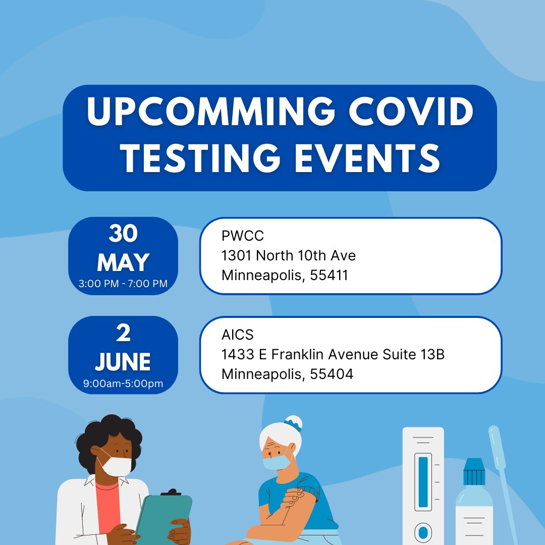 These are a few COVID testing events going on in the Twin Cities. To view more COVID vaccination and testing events, go to: rb.gy/33jopu
#AMPERS #vaxmn #communityresource #communityresources #twincitiesmn #healthresources
