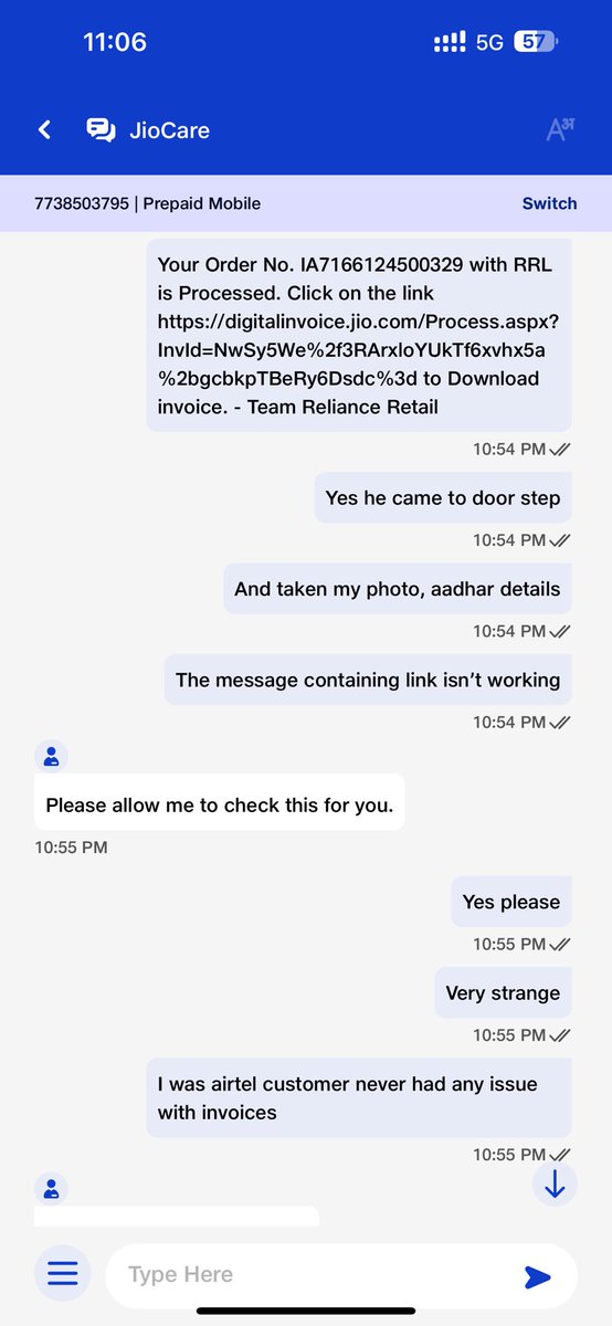 DXNIMIT's tweet photo. I have done a recharge of 2999Rs after porting to Jio by raising a jio agent visiting my home.I reached out jio customer care none are able to support me with invoice that i need for reimbursement.

Very poor customer service @JioCare @reliancejio 
Need resolution https://t.co/RKmVFKsZFn